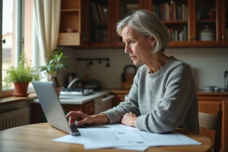Femme consultant des documents de taxe d'habitation sur ordinateur portable dans une cuisine française