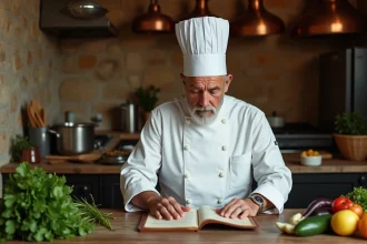 Chef cuisinier en toque blanche consultant un manuscrit de recettes anciennes dans une cuisine française traditionnelle