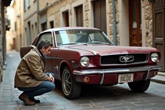 Voiture ancienne Ford Mustang 1965 garée dans un village français, examinée par un passionné de véhicules de collection