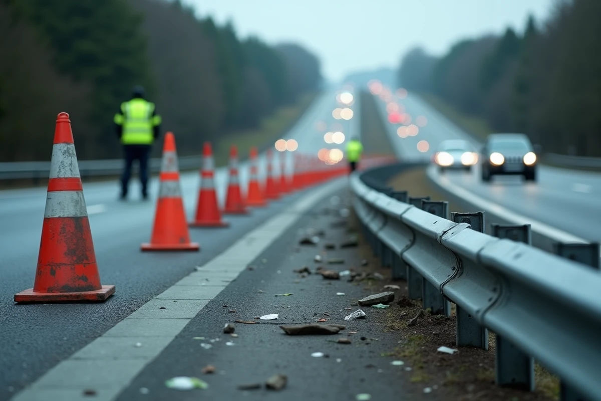 Glissière de sécurité endommagée sur une autoroute française après un accident avec cône de signalisation et agent de patrouille