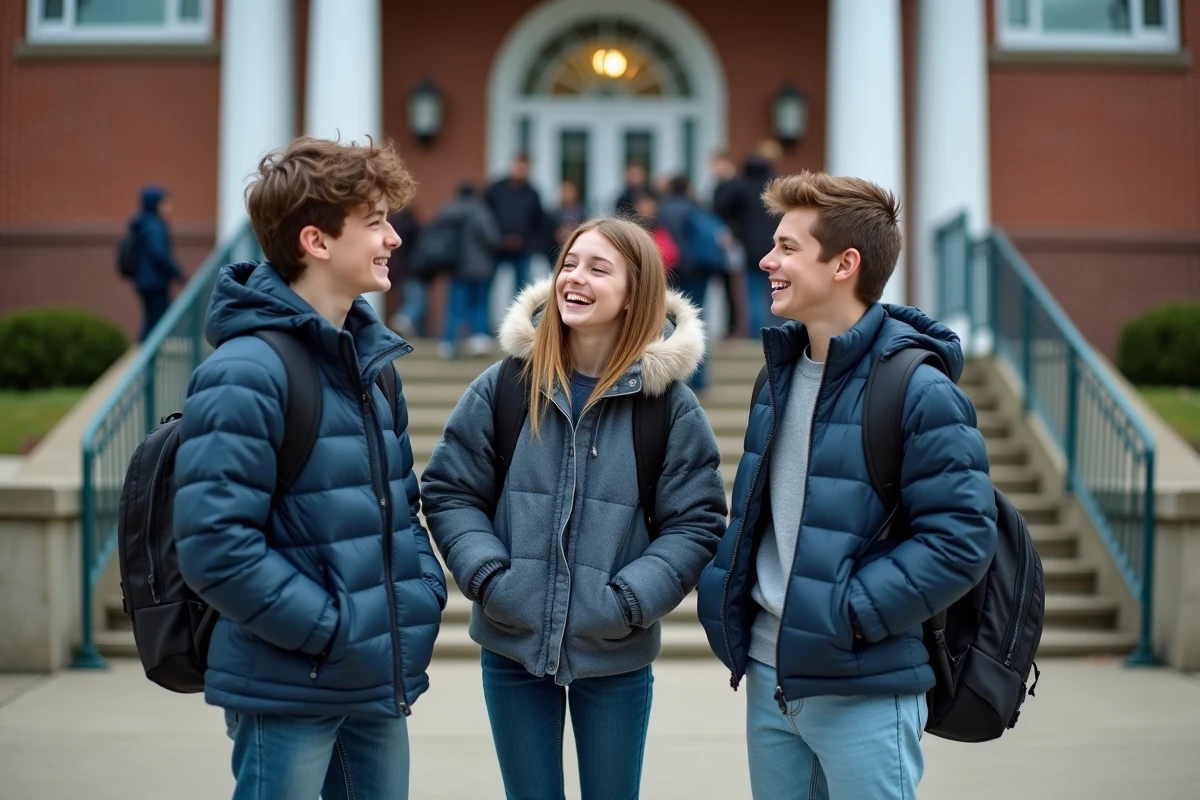 Groupe d'adolescents en discussion animée devant un lycée, représentant l'argot et le langage des jeunes