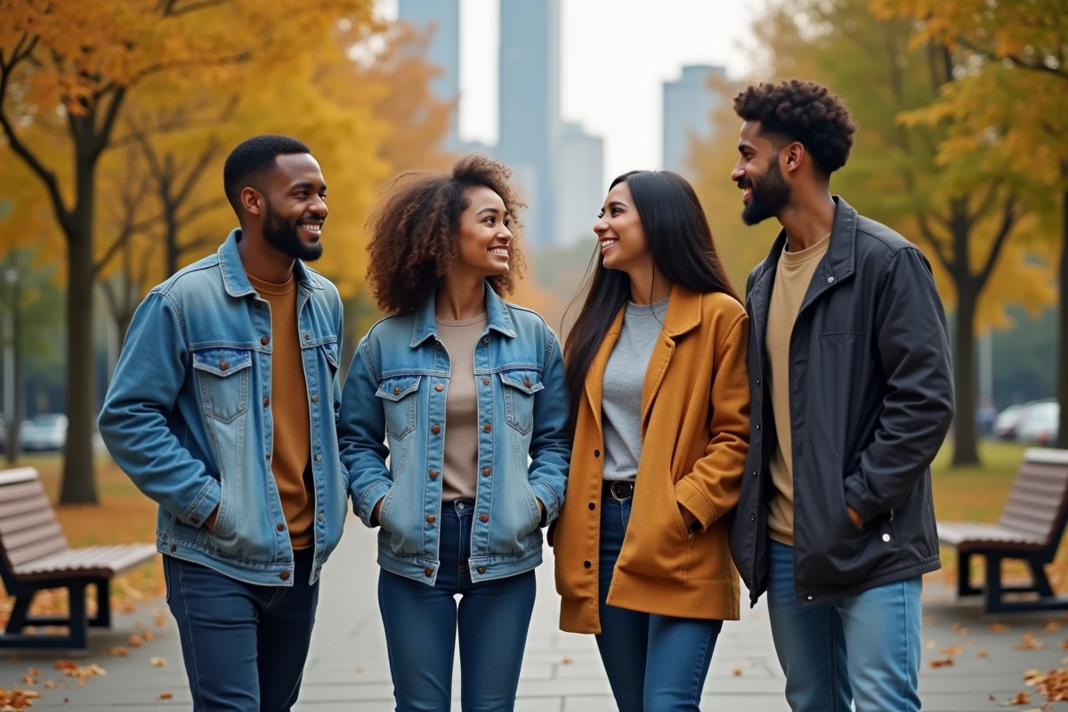 Groupe diversifié de jeunes adultes souriants réunis dans un parc urbain, illustrant l'inclusion et la diversité LGBTQIA2S+