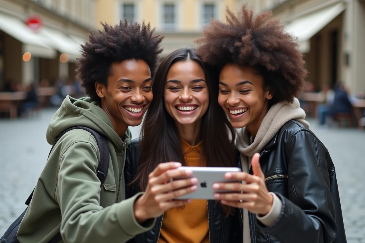 Groupe de jeunes adultes reconnaissant une personnalité célèbre dans la rue et demandant un selfie, évoquant la notion de célébrité populaire