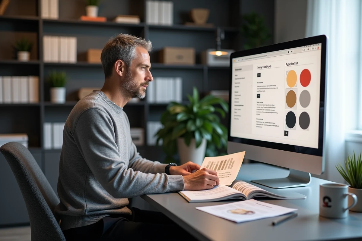 Professionnel consultant un guide de charte graphique de marque dans un bureau à domicile moderne