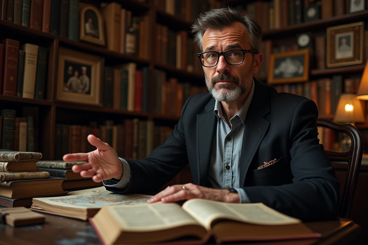 Historien culinaire assis dans une bibliothèque ancienne entouré de livres sur l'histoire de la gastronomie