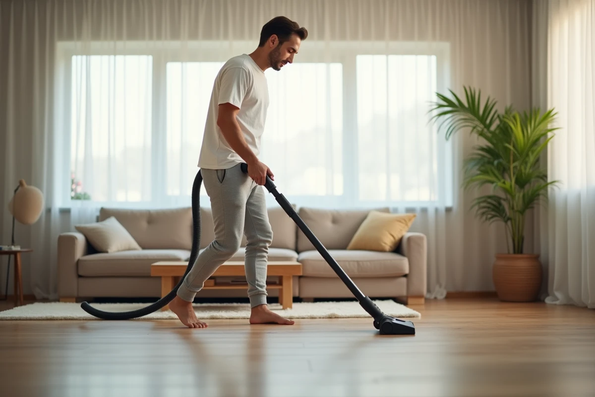 Homme passant l'aspirateur rapidement dans un salon lumineux pour un ménage express en deux heures