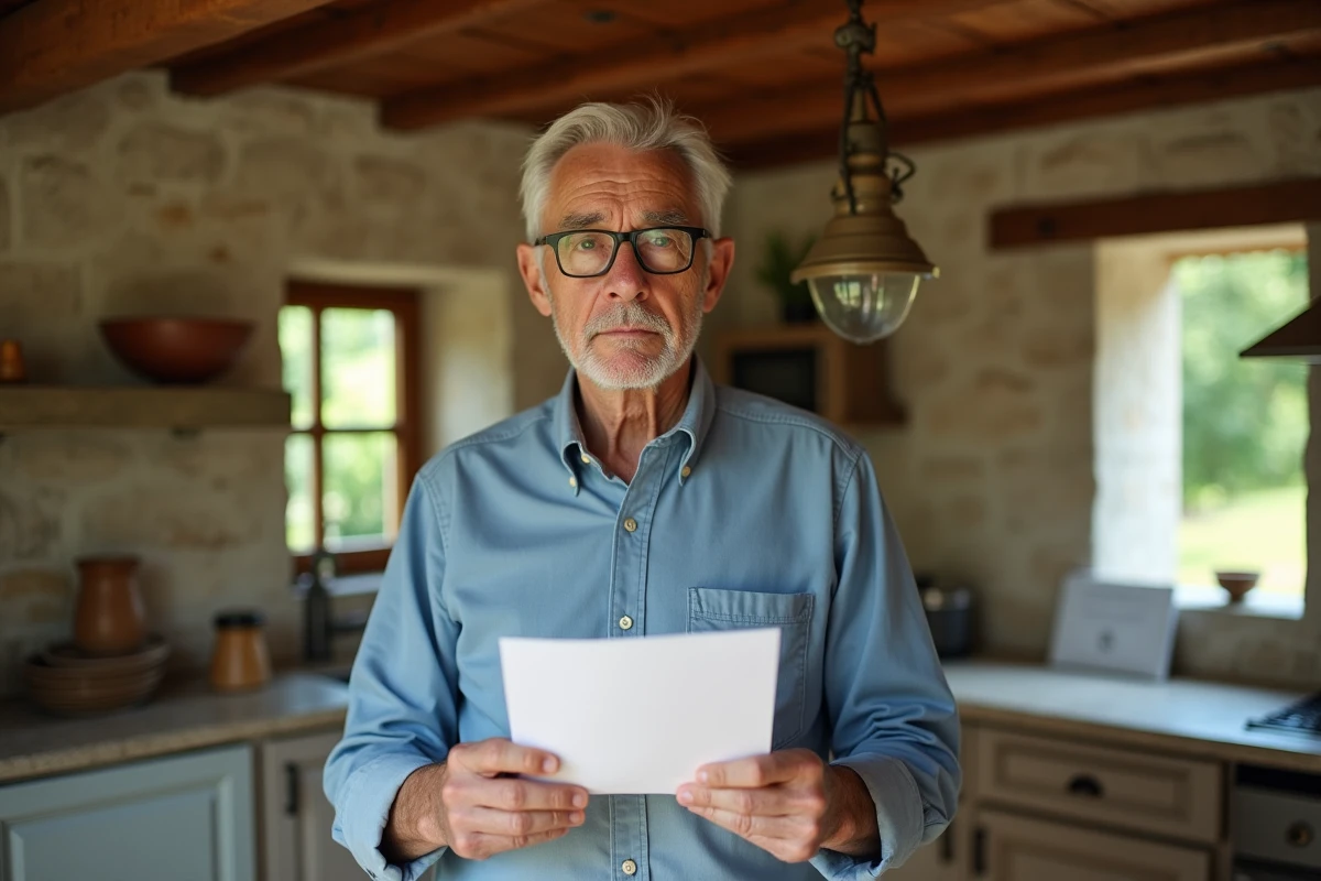 Homme âgé lisant un avis de taxe d'habitation dans une maison rurale française