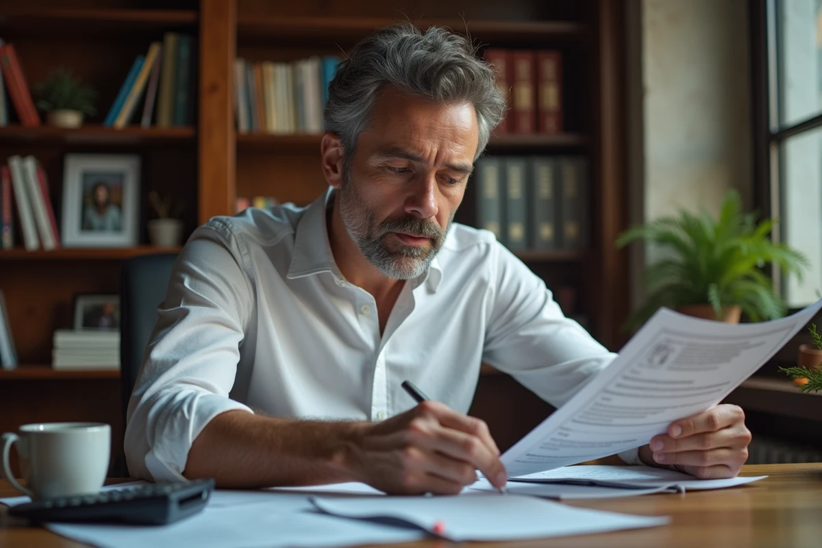 Homme consultant un document CAF sur son bureau à domicile pour comprendre l'arrêt du versement de l'allocation familiale