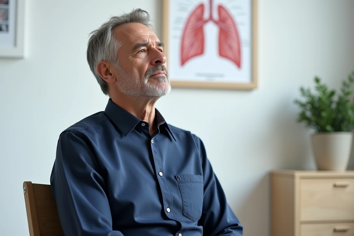 Homme effectuant un exercice de respiration en lèvres pincées dans un cabinet médical pour dégager les voies respiratoires