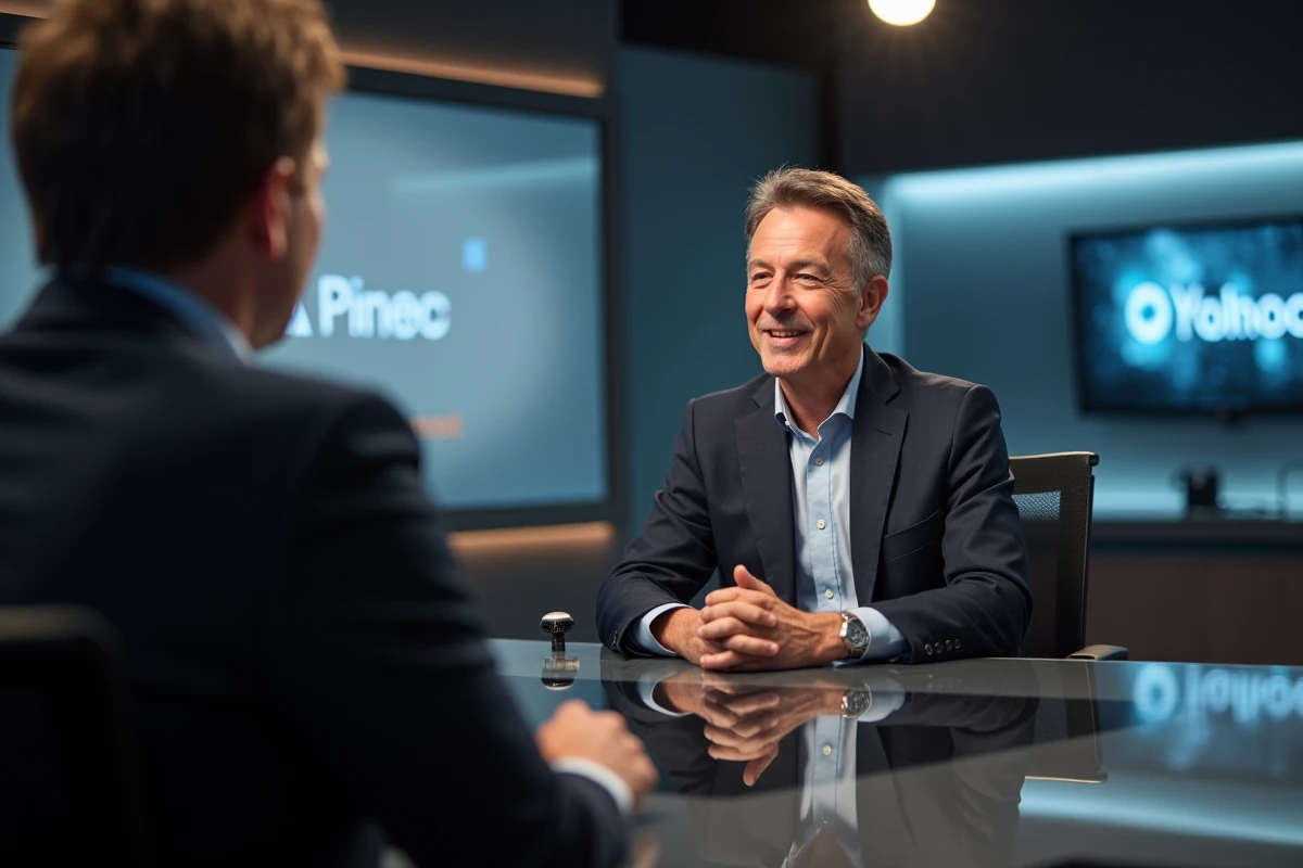 Homme interviewé dans un studio de télévision professionnel, symbolisant la notoriété médiatique et la célébrité moderne