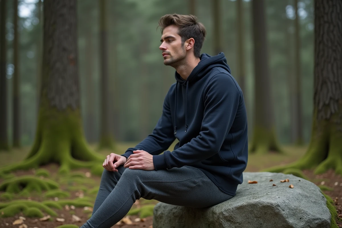 Homme en méditation profonde assis sur un rocher en forêt, yeux fermés, entouré de mousse verte et d'arbres flous en arrière-plan