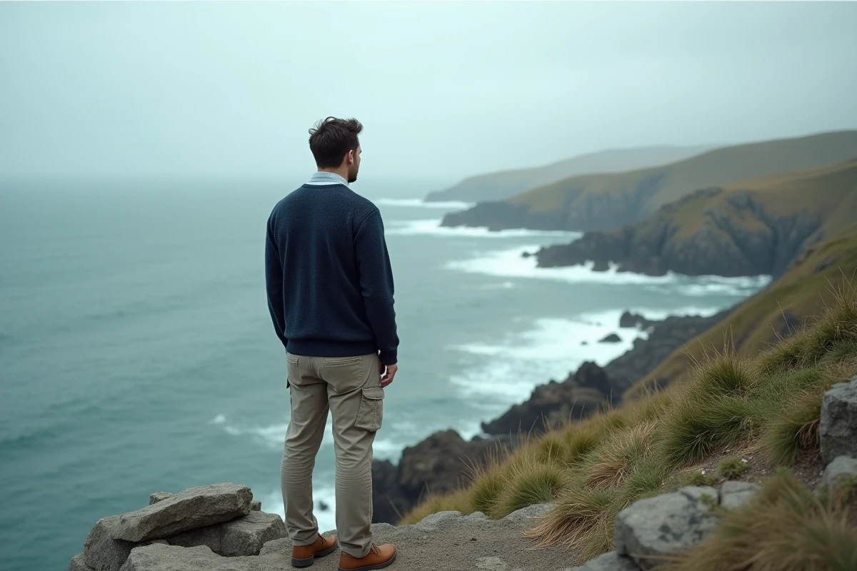 Homme de dos face à l'océan sur une falaise rocheuse, symbolisant la résilience face à l'adversité et aux épreuves de la vie