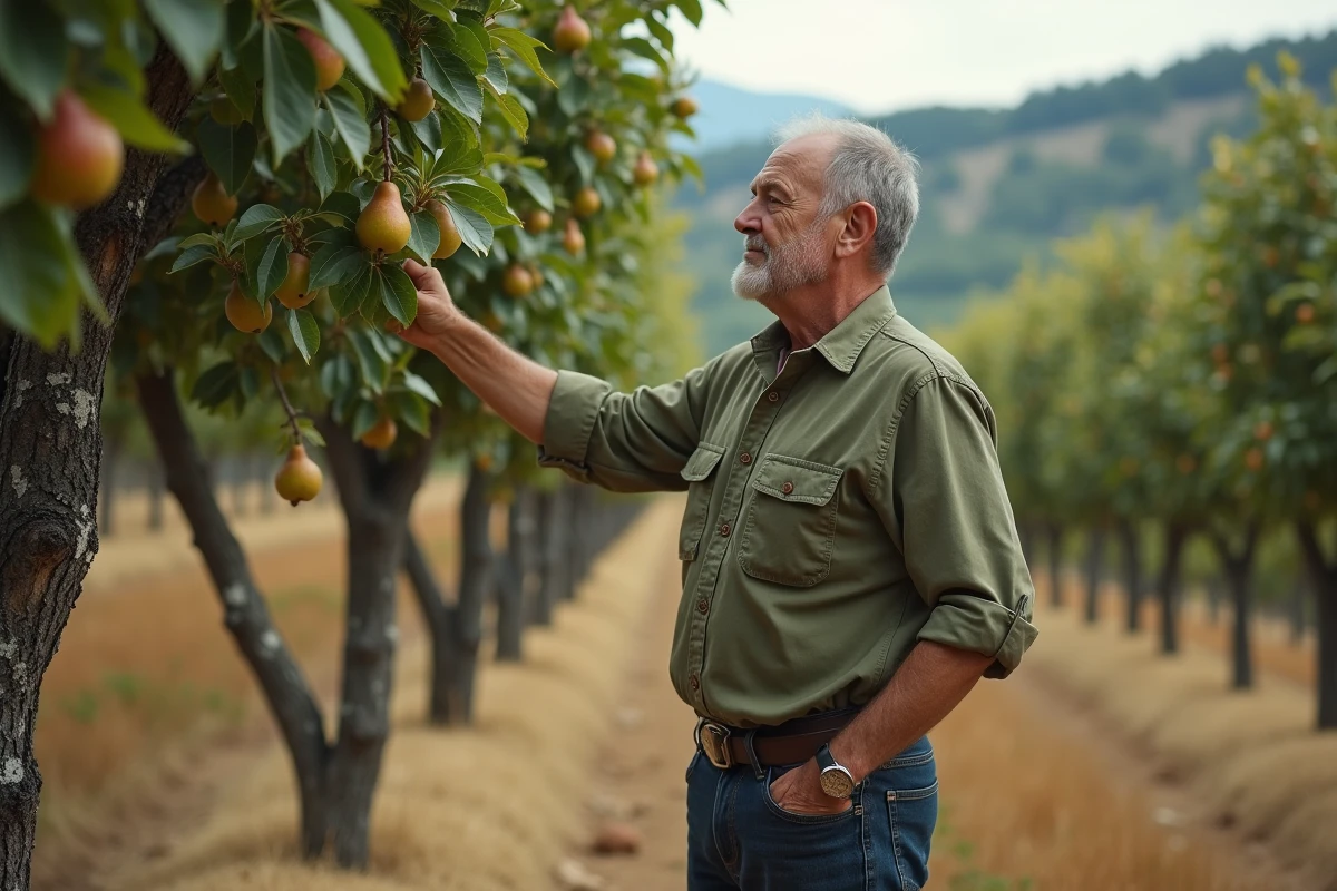 Homme inspectant l'écorce d'un poirier mature dans un verger en pente avec des rangées d'arbres fruitiers à flanc de colline