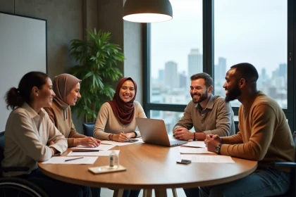 Groupe diversifié de collègues incluant une personne en fauteuil roulant et d'autres profils variés collaborant autour d'une table de réunion dans un bureau moderne