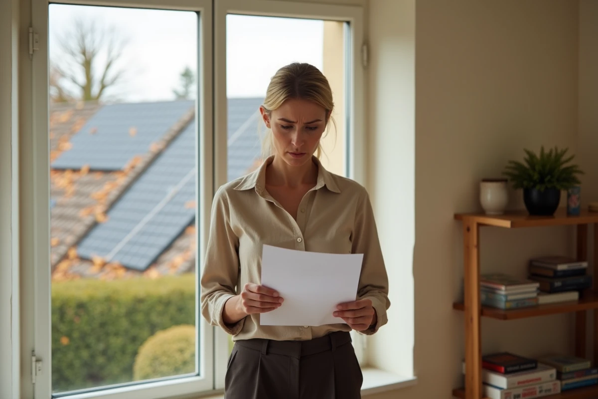 Propriétaire féminine préoccupée par la facture d'électricité malgré des panneaux solaires visibles sur le toit, inconvénient financier du solaire