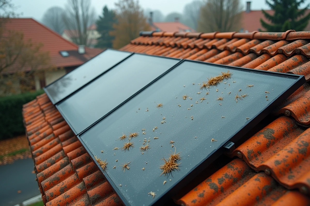 Panneaux solaires sales et endommagés sur un toit de maison individuelle française, illustrant les problèmes d'entretien et les inconvénients des installations solaires