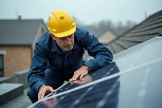 Technicien inspectant des panneaux solaires endommagés sur un toit résidentiel, illustrant les inconvénients de l'entretien des panneaux solaires