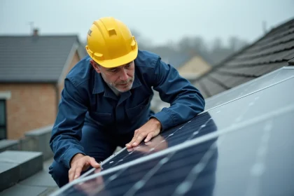 Technicien inspectant des panneaux solaires endommagés sur un toit résidentiel, illustrant les inconvénients de l'entretien des panneaux solaires