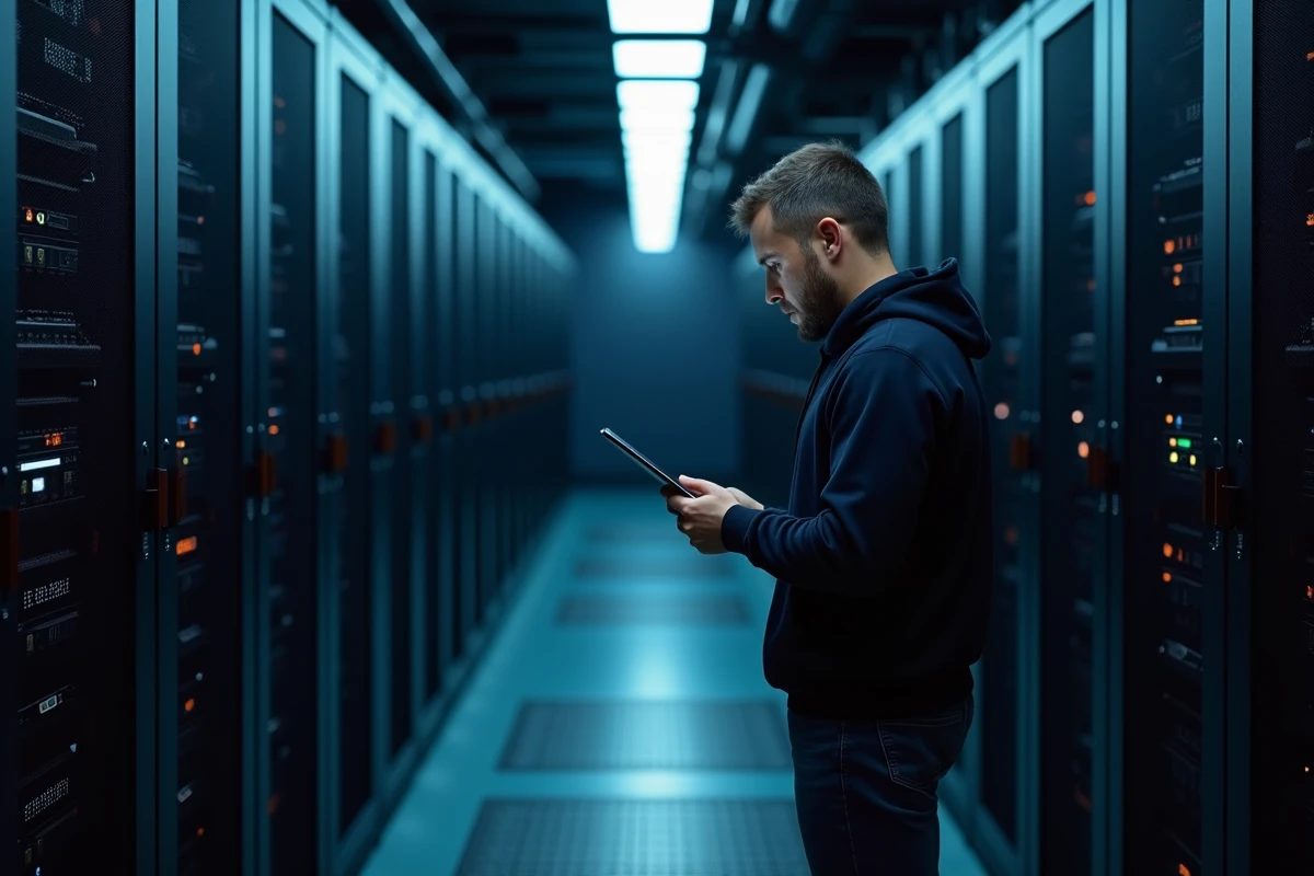 Ingénieur informatique consultant un tableau de bord cloud sur tablette dans une salle de serveurs d'entreprise