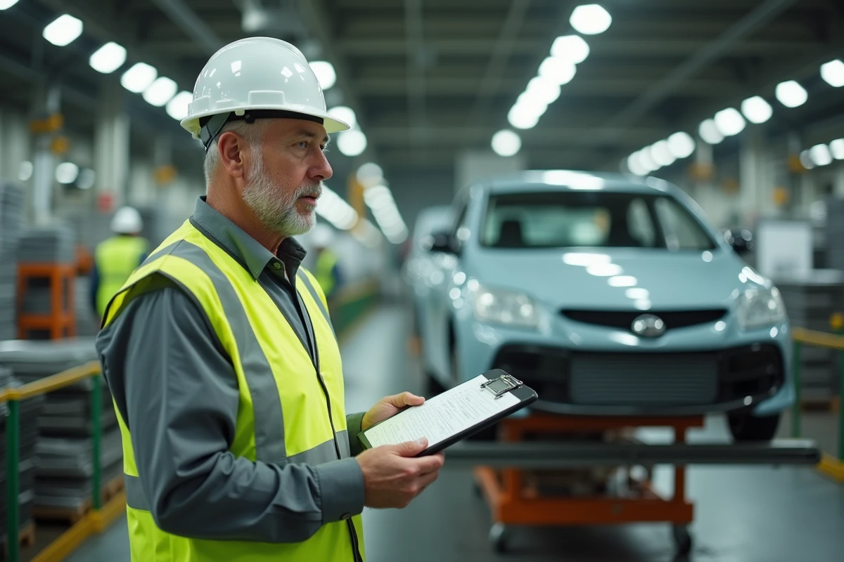 Ingénieur automobile inspectant une carrosserie de voiture sur une plateforme dans une usine de production aux États-Unis