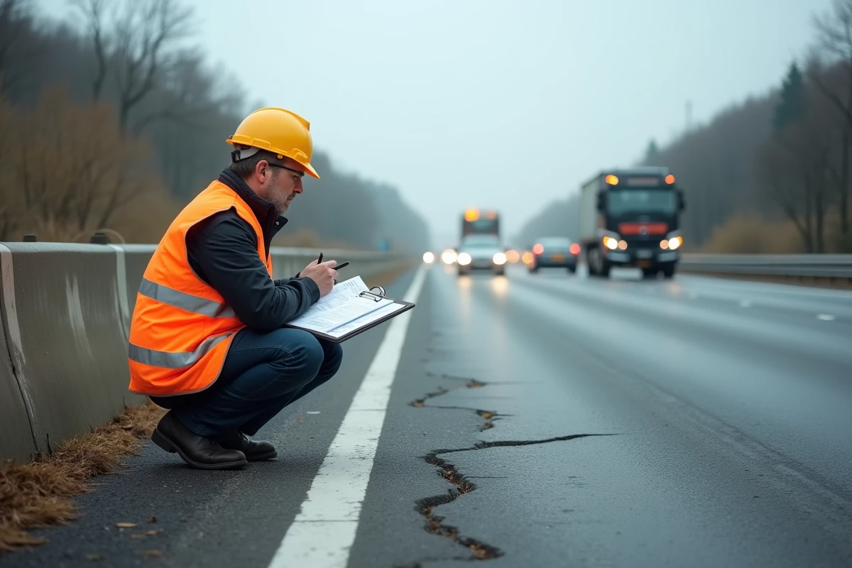Ingénieur en sécurité routière inspectant l'état de la chaussée sur le bord d'une autoroute française avec presse-papiers