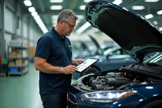 Ingénieur automobile expert en technologie hybride analysant un moteur hybride dans un centre de recherche moderne