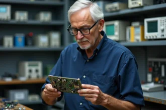 Ingénieur expérimenté examinant un circuit électronique dans un laboratoire, symbolisant la maturité technologique