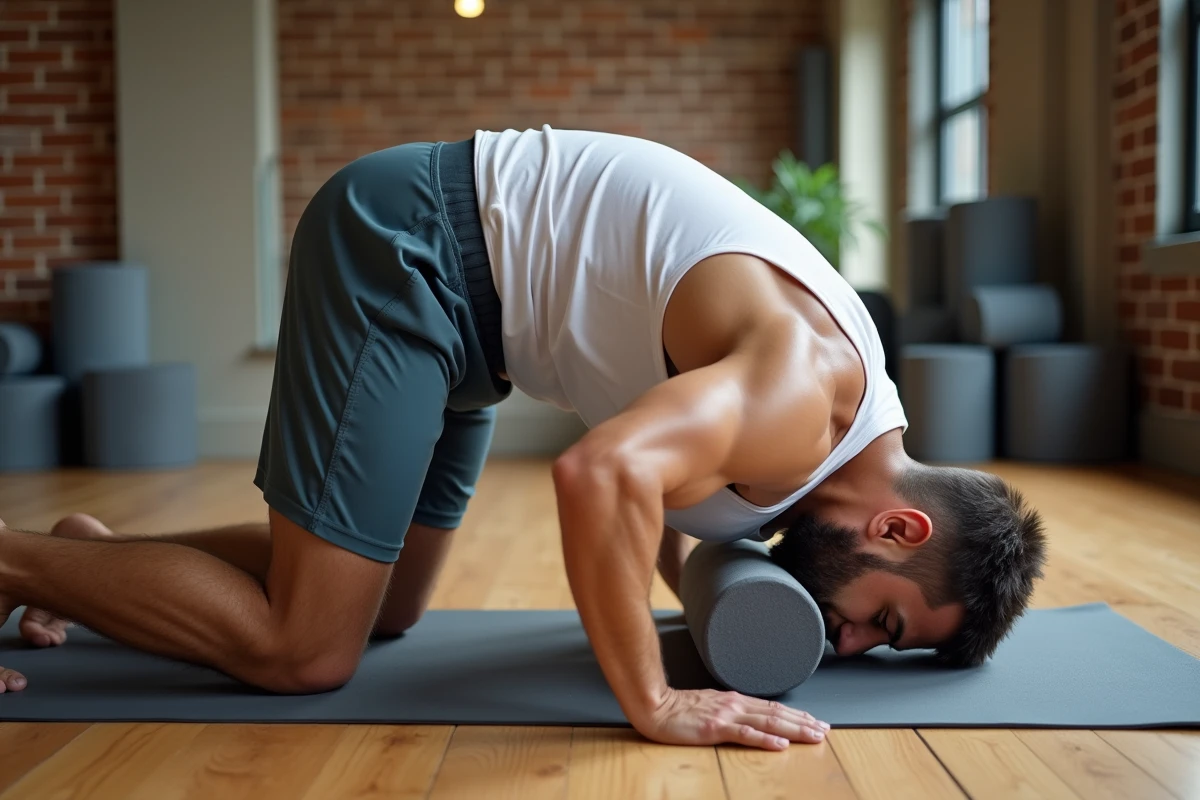 Instructeur de yoga masculin pratiquant une posture préparatoire au chakrasana dans un studio professionnel