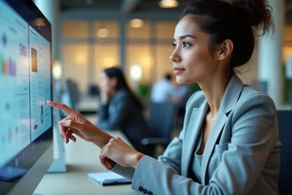 Femme interagissant avec une interface homme-machine tactile dans un bureau moderne