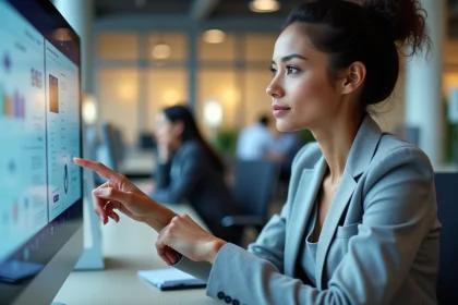 Femme interagissant avec une interface homme-machine tactile dans un bureau moderne