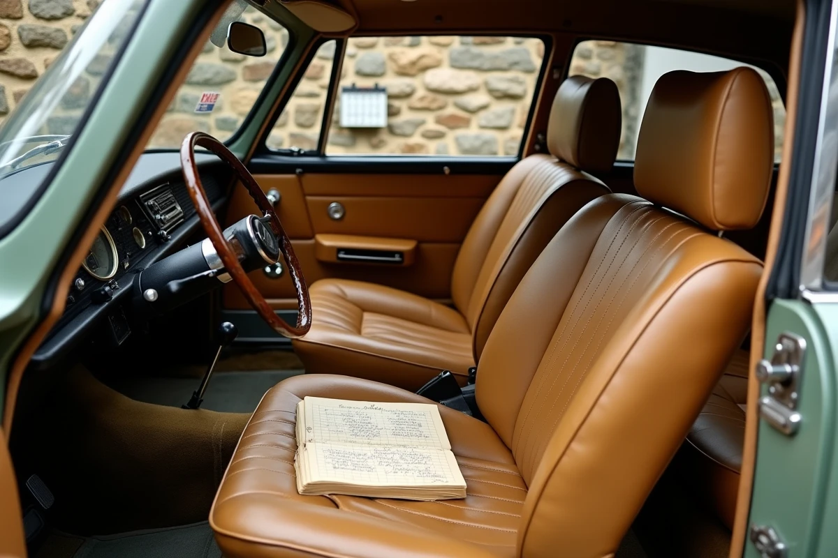 Intérieur d'une Citroën DS 1972 en état d'origine, avec sièges en cuir craquelé et volant bakelite, dans un garage privé