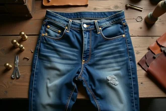 Paire de jeans en denim indigo vintage posée sur une table d'atelier en bois, montrant les rivets et les détails de couture authentiques