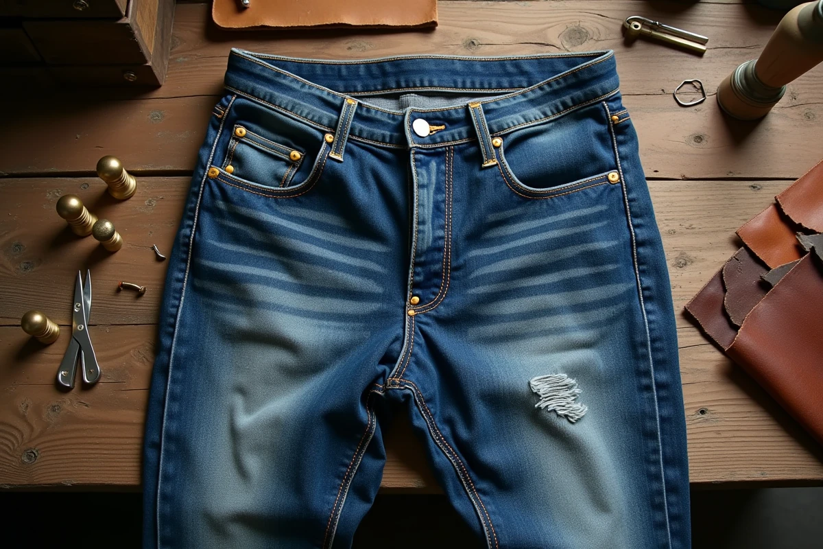 Paire de jeans en denim indigo vintage posée sur une table d'atelier en bois, montrant les rivets et les détails de couture authentiques