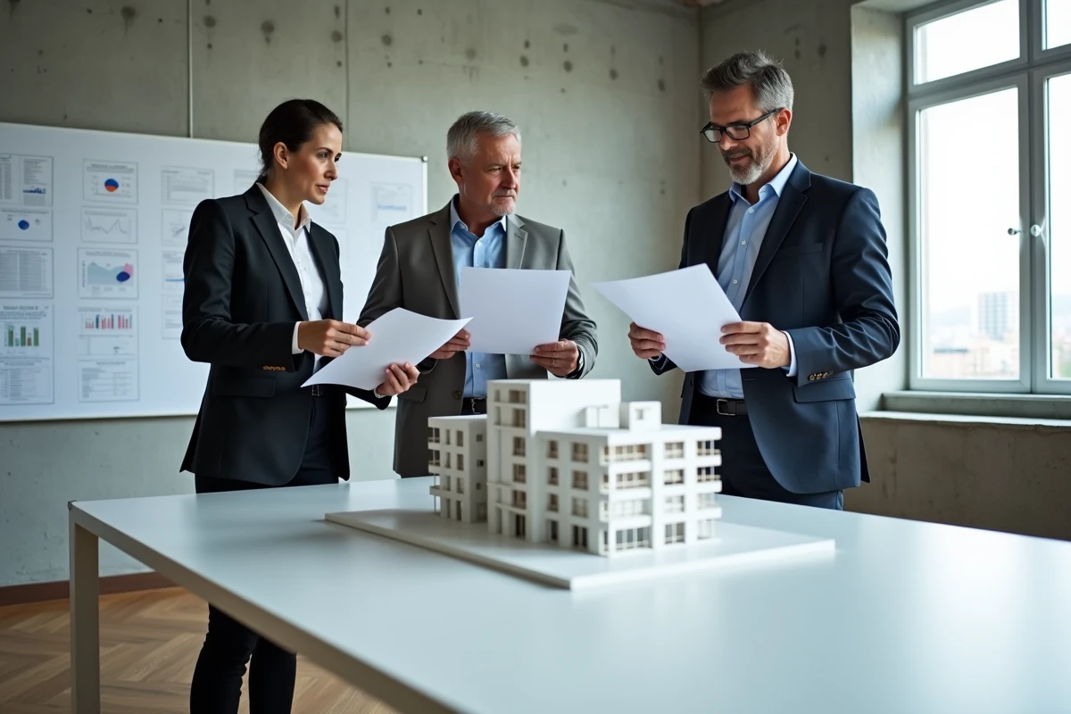 Groupe d'investisseurs examinant une maquette architecturale lors d'une présentation de projet immobilier