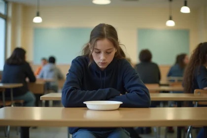Adolescente seule dans une cafétéria scolaire illustrant l'isolement social et le harcèlement en milieu scolaire