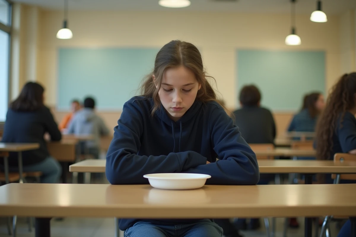 Adolescente seule dans une cafétéria scolaire illustrant l'isolement social et le harcèlement en milieu scolaire