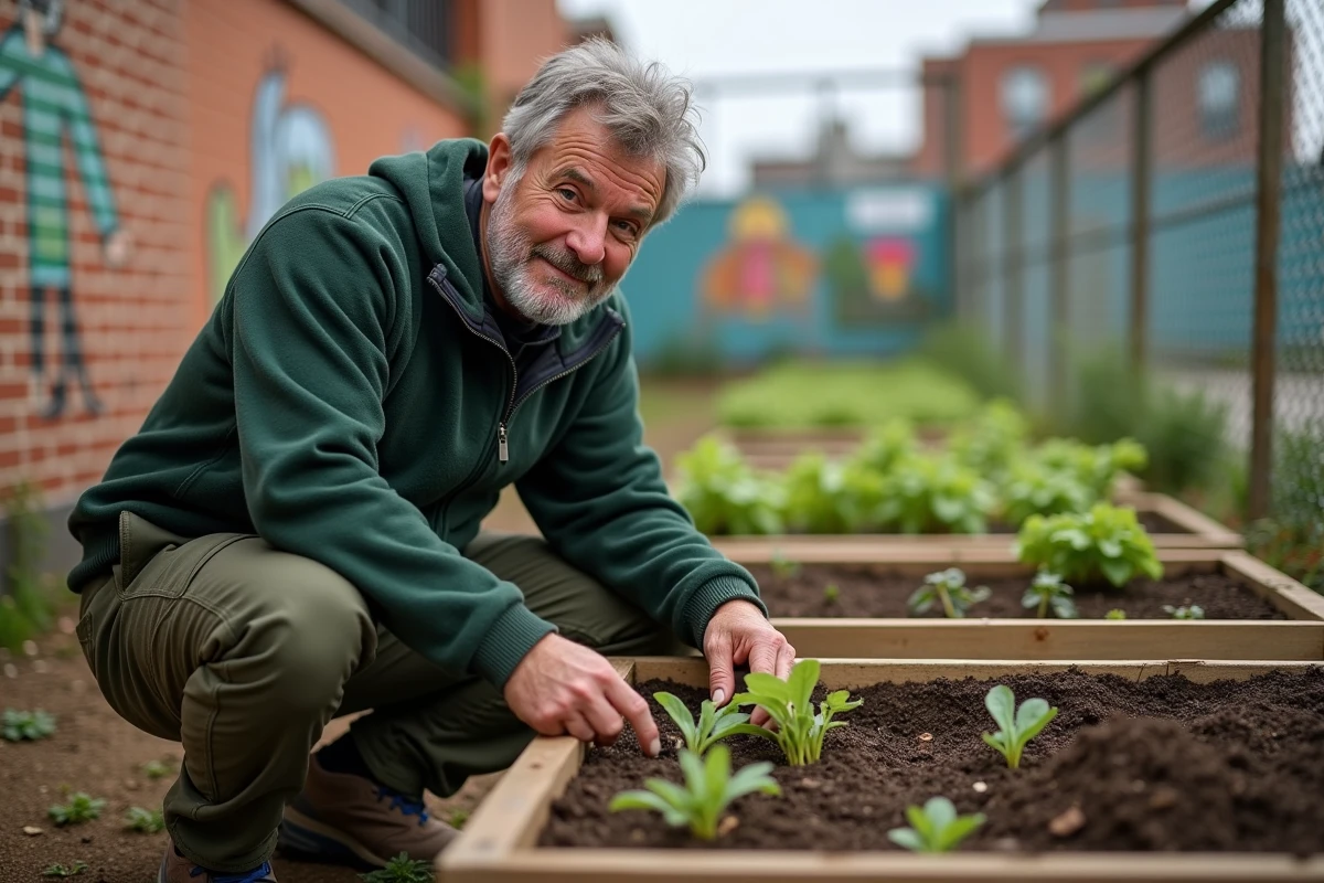 Homme inspectant un jardin urbain communautaire symbolisant l'axe environnemental du développement durable