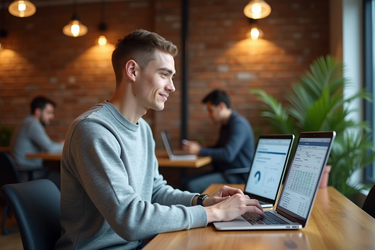 Jeune business analyst comparant des données salariales sur deux ordinateurs portables dans un espace de coworking