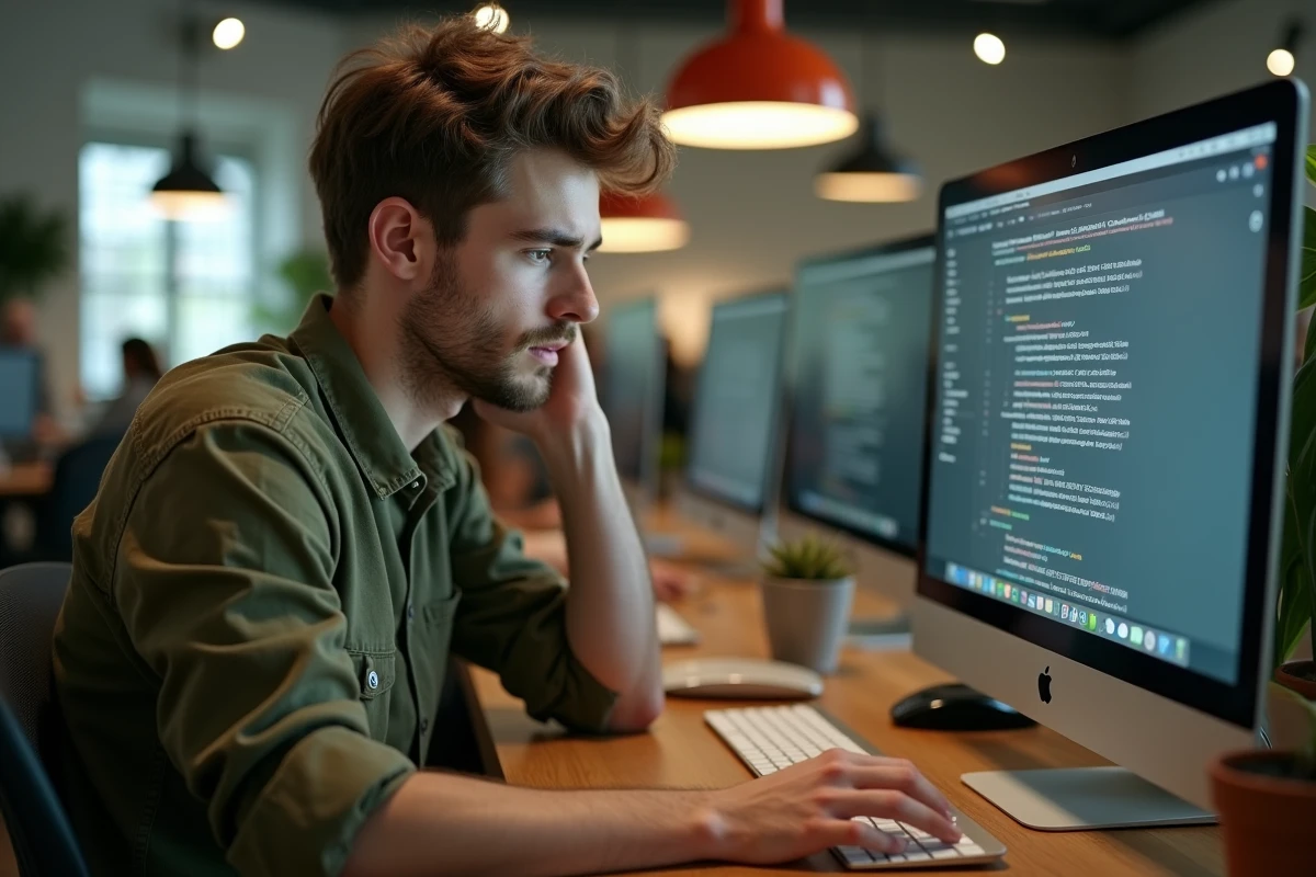 Jeune homme dépassé par une interface graphique surchargée sur un ordinateur de bureau dans un espace de coworking