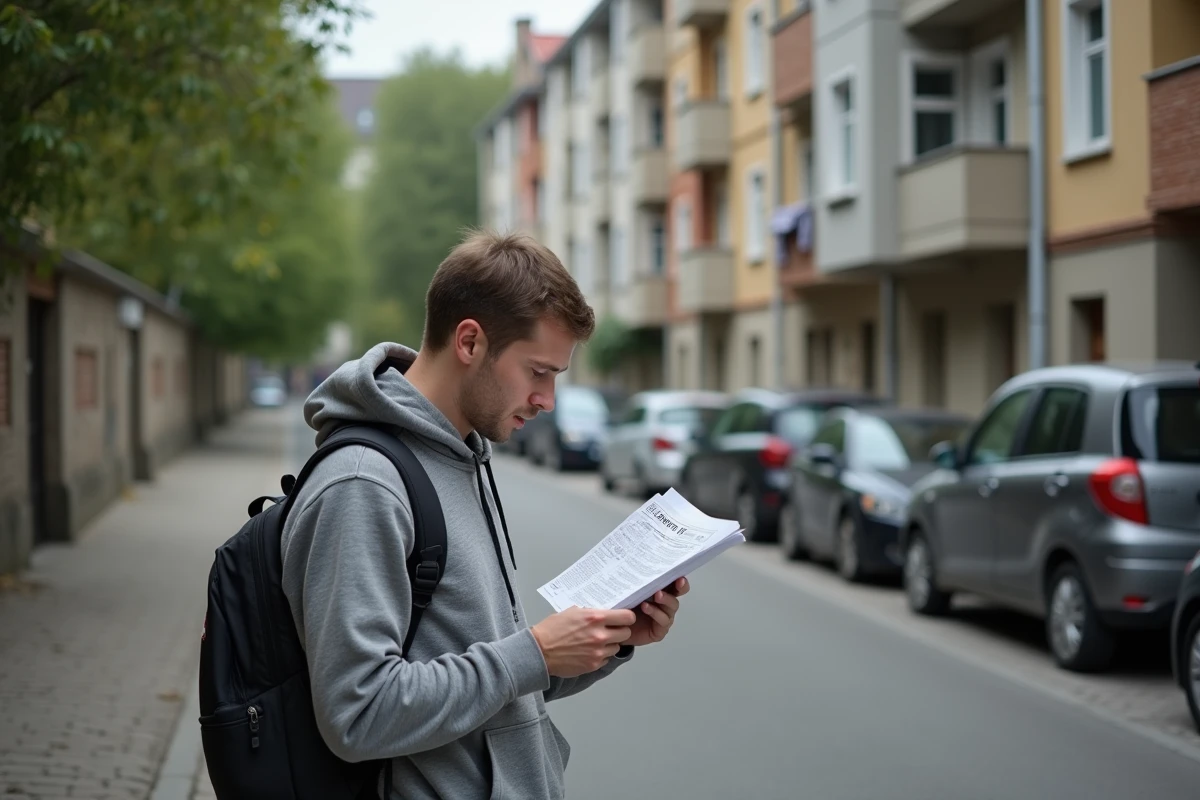 Homme consultant une annonce immobilière devant un immeuble résidentiel dans un quartier abordable d'Europe centrale