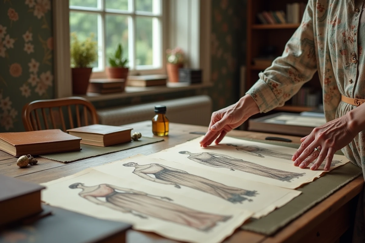 Mains expertes d'une créatrice arrangeant des croquis de mode anciens et des échantillons de tissus sur une table de travail en chêne