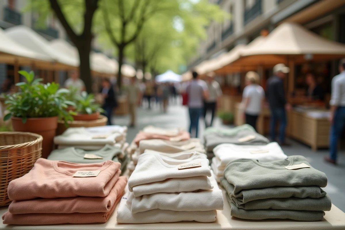 Marché de mode durable avec vêtements recyclés et étiquettes écoresponsables en plein air