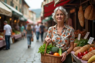 Femme faisant ses courses sur un marché en plein air dans une ville d'Europe de l'Est, avec des prix affichés en monnaie locale