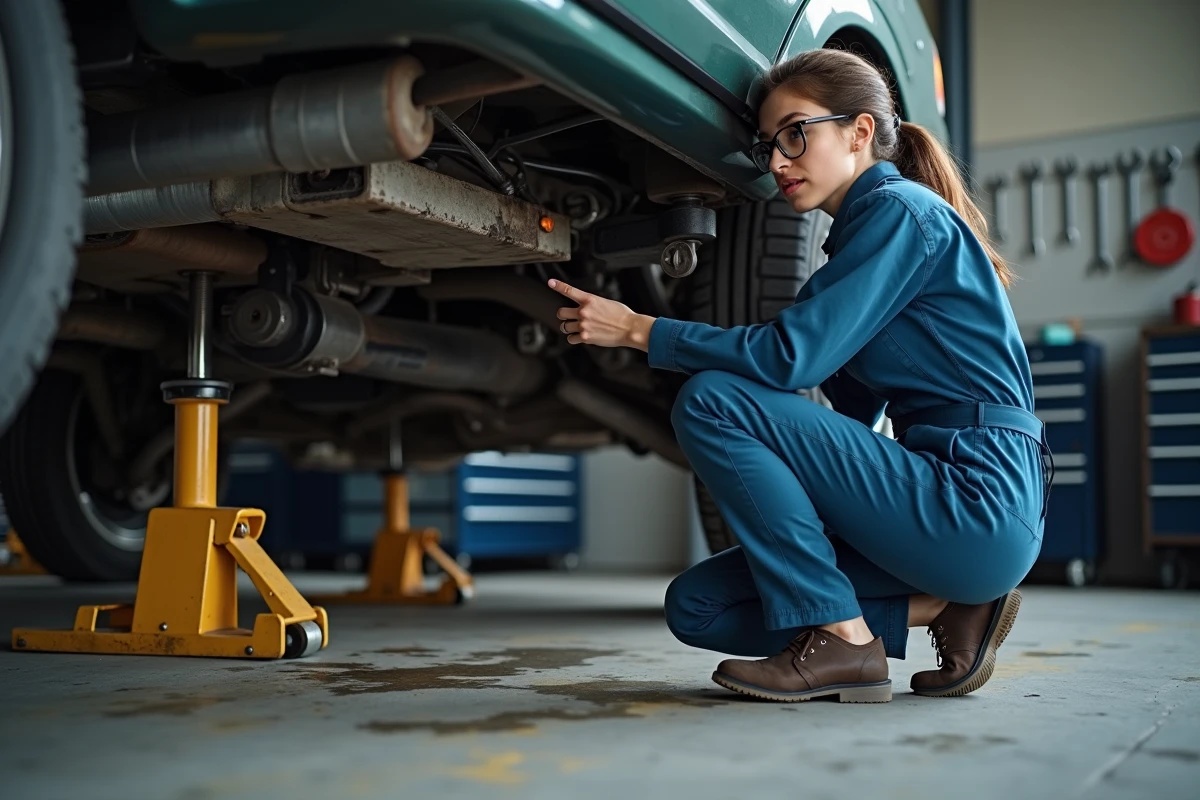 Mécanicienne professionnelle inspectant le dessous d'une voiture en atelier, représentant les réparations et pannes mécaniques automobiles