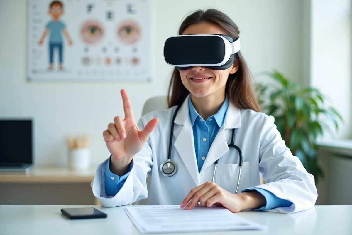 Médecin pédiatre expliquant les risques de la réalité virtuelle pour les jeunes enfants dans un cabinet médical