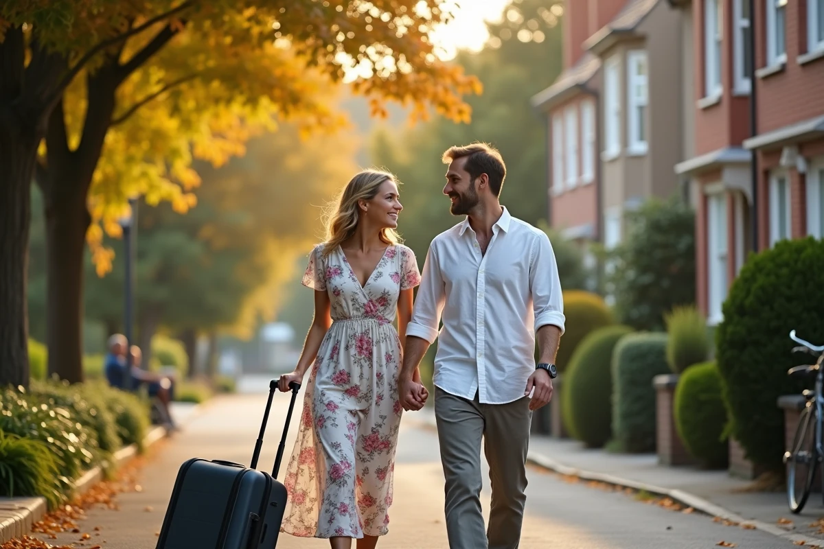 Couple souriant arrivant dans un quartier résidentiel verdoyant symbolisant la qualité de vie dans un pays étranger