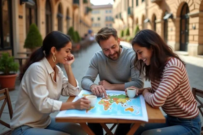 Groupe de personnes de différentes nationalités comparant des pays sur une carte du monde dans un café en plein air en Europe