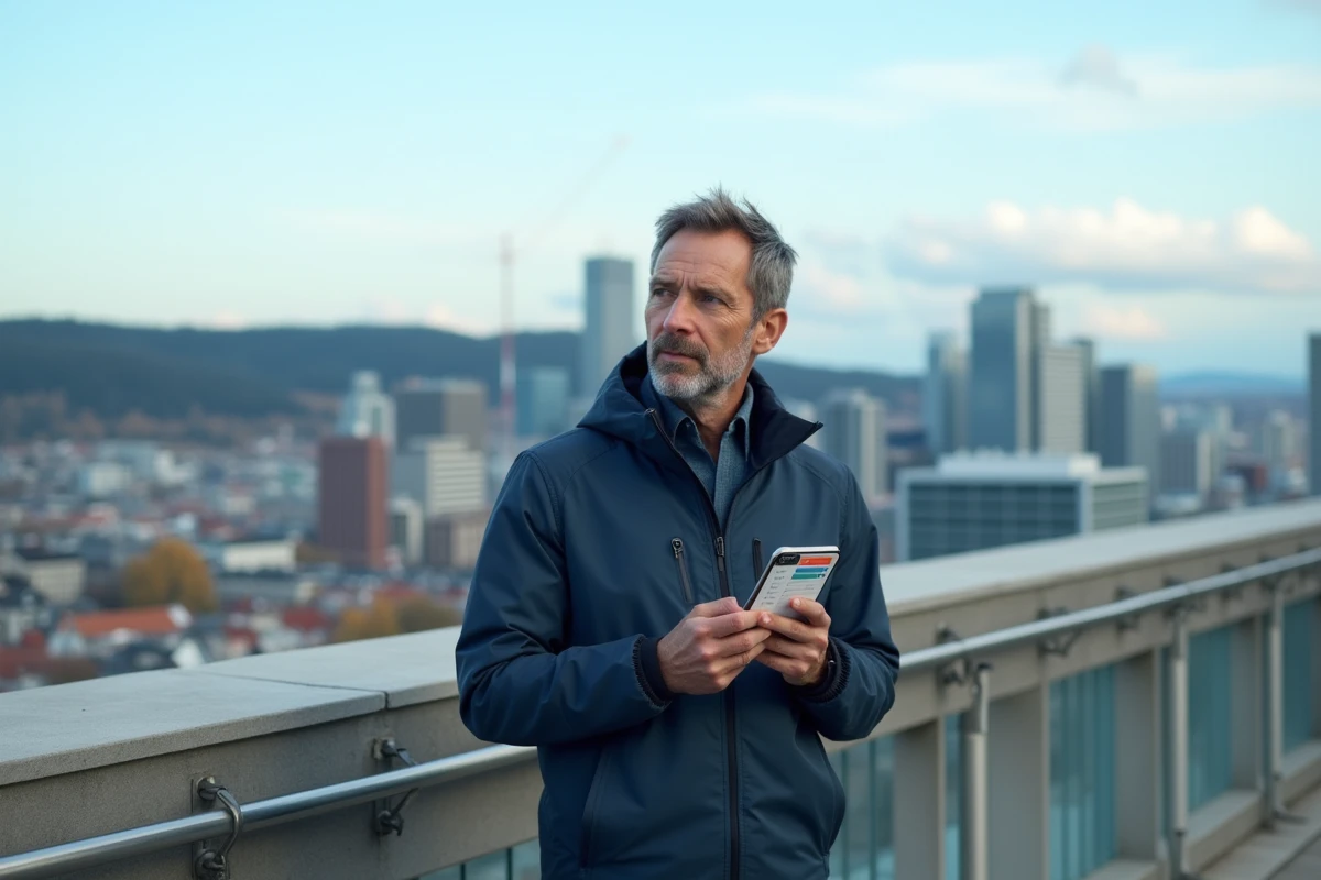 Homme regardant un classement des meilleurs pays où vivre sur son smartphone avec une skyline urbaine moderne en arrière-plan