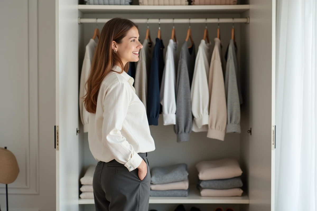 Femme devant une penderie minimaliste avec 33 vêtements soigneusement sélectionnés selon la méthode 333