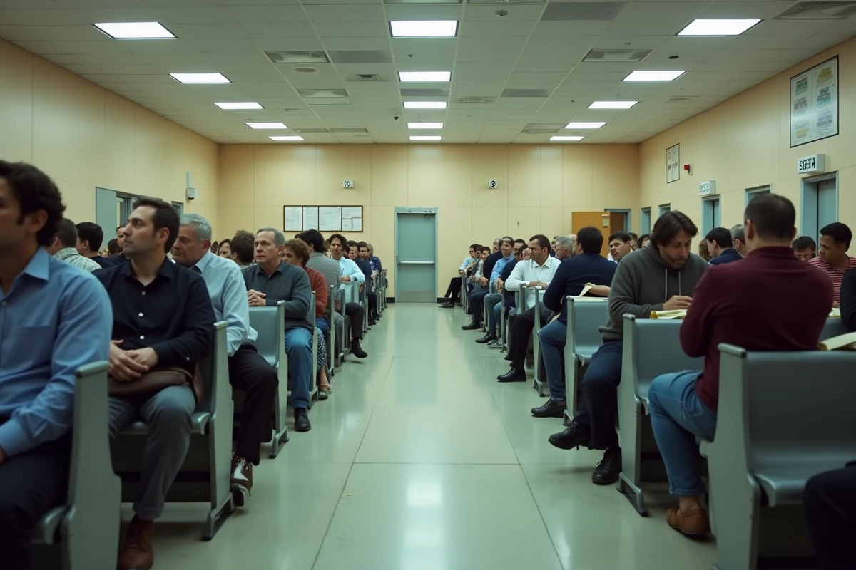Groupe de migrants adultes dans une salle d'attente administrative bondée, illustrant les démarches administratives liées à la migration
